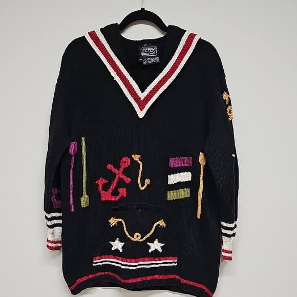 Berek Black Sweater with Red, Gold, and White Nautical Accents - Picture 1 of 11